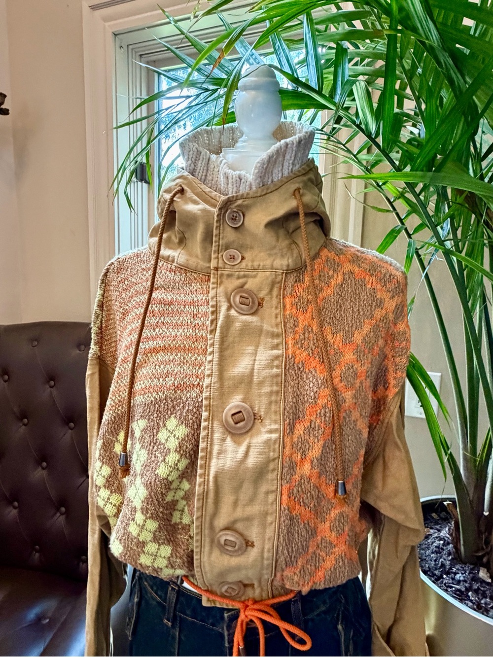 FREE PEOPLE Reno Knit Patchwork Cropped BOHO Jacket Coat Utility Aztec Brown Sm - Picture 3 of 16